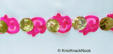 Fuchsia Pink Lace Trim, Tissue Fabric Cutwork With Floral Embroidery & Gold Sequins,